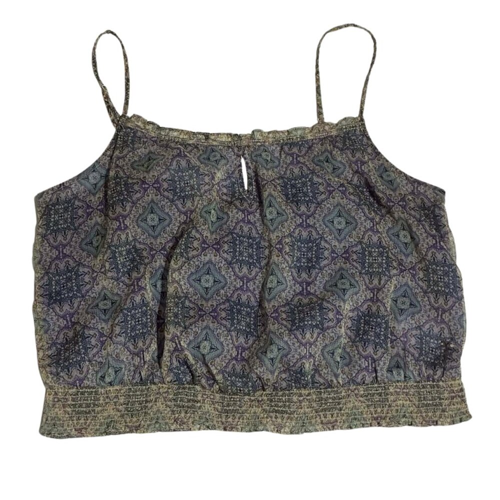 American Eagle Boho Smocked Chiffon Crop Top Size L Round Neck Spaghetti Strap